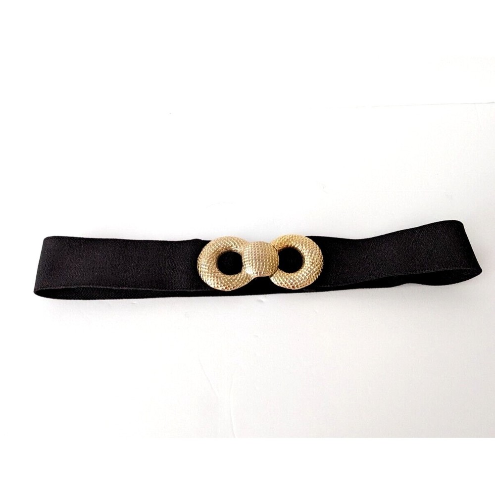Vintage Motion East Black Elastic Stretch Belt Gold Detail Hook Closure 80s 90s - Picture 1 of 5
